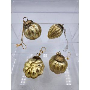 4 Vintage Kugel Style Gold Mercury Glass Small Gourd Shaped Christmas Ornaments